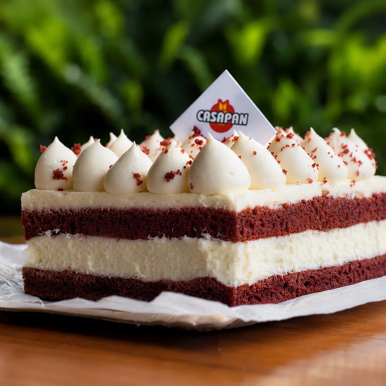 Porción de cheesecake red velvet de tres capas con crema.
